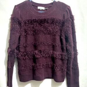 Calvin Klein Sweater Womens Small Pullover Cable Knit Eyelash Fringe Deep Wine